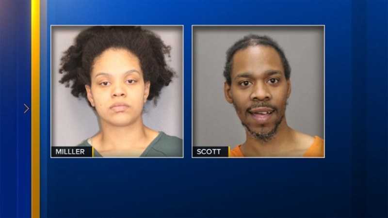 Booking photos of India Miller and Sean Scott, labeled MILLER and SCOTT